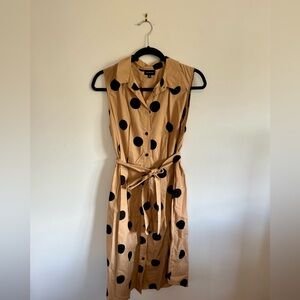 WhoWhatWear Tan & Black Polka Dot Shirt Dress with Tie Waist, M